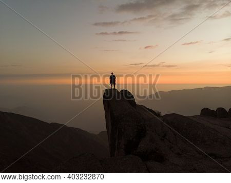 Sunset Panorama Hiker Poncho On Marcahuasi Andes Plateau Rock Formations Mountain Hill Valley Nature