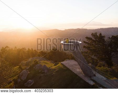 Sunrise Panorama Of Mirador El Fitu Del Fito Viewpoint Stairs Caravia Baja Picos De Europa Mountains