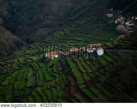 Aerial Panorama Of Green Agriculture Farming Terraces Old Remote Rural Mountain Village Town Porta C