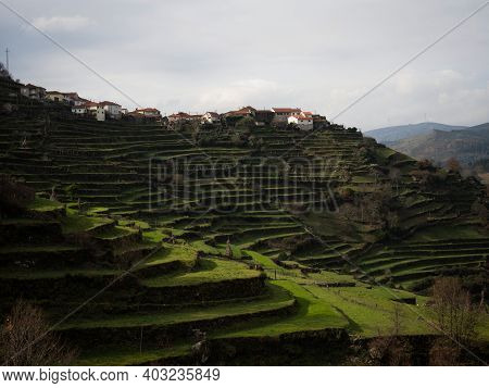 Aerial Panorama Of Green Agriculture Farming Terraces Old Remote Rural Mountain Village Town Padrao 