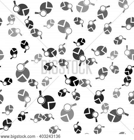Black Magnifying Glass And Data Analysis Icon Isolated Seamless Pattern On White Background. Vector