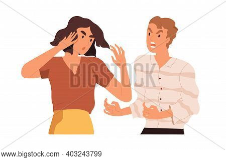 Couple Arguing And Conflicting. Aggressive And Irritated Man Shouting At Annoyed Woman. Scene Of Fam