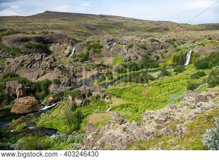 Hjalparfoss; Iceland - July 29, 2017: Scenic Landscape Of Hjalparfoss On The South Of Iceland