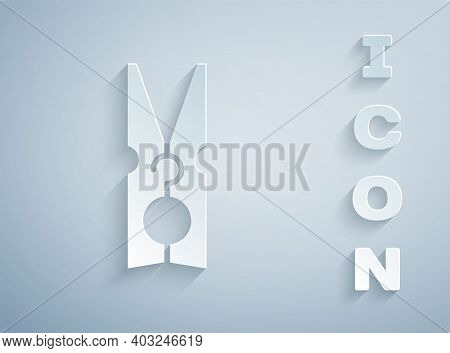 Paper Cut Old Wood Clothes Pin Icon Isolated On Grey Background. Clothes Peg. Paper Art Style. Vecto
