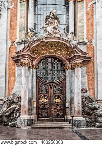 Feb 2, 2020 - Munich, Germany: Front Entrance Facade Of Asamkirche, Late Baroque Church