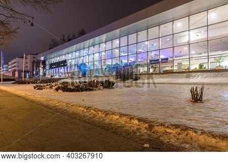Krynica Zdroj, Poland - January 26, 2020: Night Winter View Of Modern Building Of Main Pump Room In 