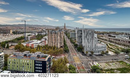 Aerial View Of Forum Area, Diagonal Mar District, Sea, Port And Avenue Of Eduard Maristany In Barcel