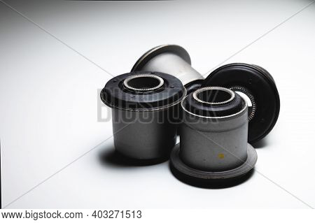 Close-up Wide Angle. A Group Of Cylindrical Silent Blocks For The Rear Suspension Of An Off-road Veh
