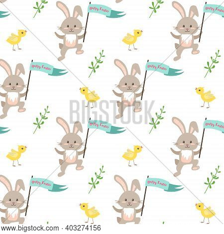 Happy Easter. Festive Decoration Seamless Pattern With Rabbit, Chick And Green Twig. Elements For Wr