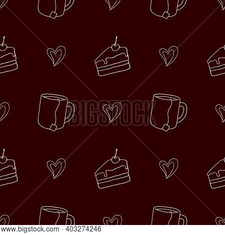 Cake With Cherry, Tea Cup And Heart Seamless Pattern On Brown Background. Linear Drawing, Vector.