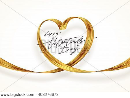 Golden Paint Brush Stroke In The Shape Of Heart. Valentines Day Greeting Card With Golden Ribbon. Ve