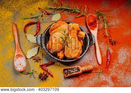Top View.convenience Food,pree Cookedmarinated Chicken Drumstick On Black Ceramic Round Roasting Pla