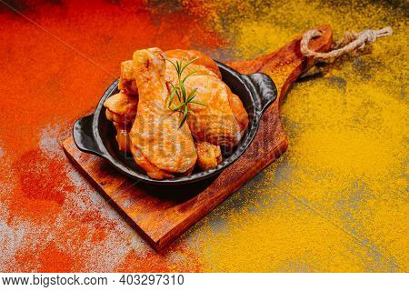 Top View.convenience Food,pree Cooked.raw Chicken For Grilling With Spices For Cooking.marinated Chi