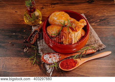 Top View.convenience Food,pree Cooked.raw Chicken For Grilling With Spices For Cooking.marinated Chi