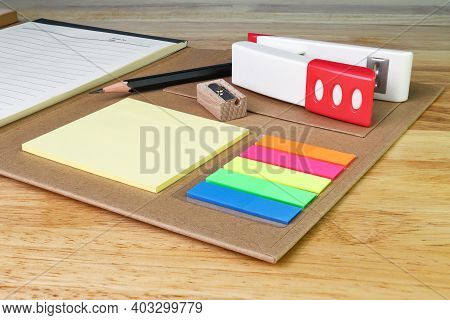 Note Paper Colour And Pencil, Paper Clip On Woodtable