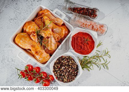 Marinated Chicken Drumstick In White Ceramic Oven Dish. Top View.convenience Food,pree Cooked.raw Ch