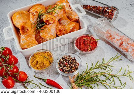 Marinated Chicken Drumstick In White Ceramic Oven Dish. Top View.convenience Food,pree Cooked.raw Ch