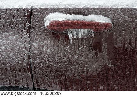 Frozen Car Door Closeup, Icicles, Ice Crystals, Jammed Lock.