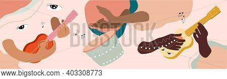 Human Hands Are Playing Ukulele And Bongo.musical Notes,abstract Background.vocal Or Instrumental So