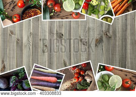 Photocollage Of Vegetables On Wood Background. Collage Of Different Vegetables On Old Wooden Backgro