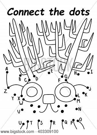 Connect The Dots Game With Reindeer Stock Vector Illustration. Learn English Letters And Alphabetica