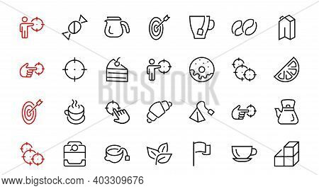 Coffee And Tea Linear Icons Set, Contains Icons Of Tea, Tea Bag, Coffee Machine, Cake, Sugar, Teapot