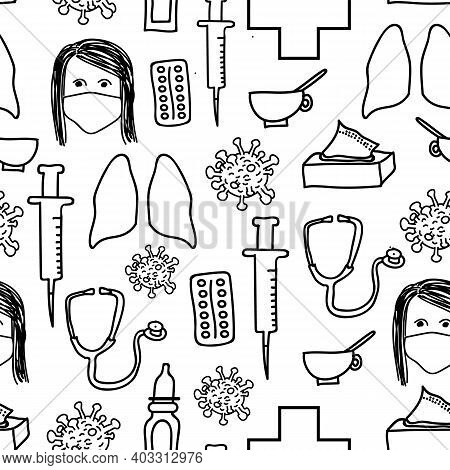 Black And White Seamless Pattern Covid-19 Theme With Facemasks, Vaccine Injection, Coronavirus Cells