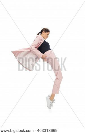 Popstar. Happy Young Woman Dancing In Casual Clothes Or Suit, Remaking Legendary Moves And Dances Of