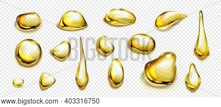 Golden Drops And Puddles Of Oil Or Liquid Honey Isolated On Transparent Background. Vector Realistic