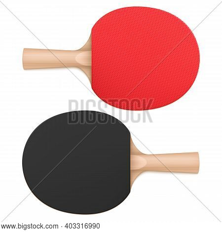 Ping Pong Paddles, Table Tennis Rackets Top And Bottom View. Sports Equipment With Wooden Handle And