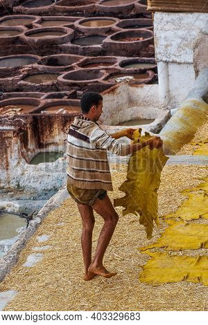 Fes, Morocco - Oct 15, 2019: Tanneries Of Fes, Morocco, Africa. Old Tanks Of The Tanneries In Fes Wi