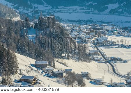 Winter Landscape With Mountains And Ski Resort Town Matrei In Osttirol Austria.