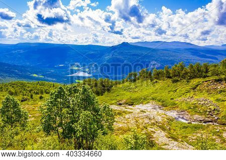 Mountain Landscape Panorama And Lake Vangsmjøse In Vang Norway.