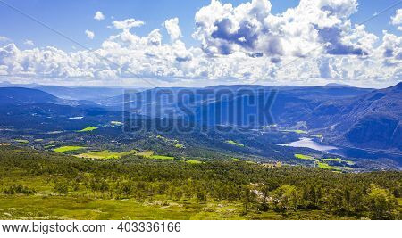 Mountain Landscape Panorama And Lake Vangsmjøse In Vang Norway.