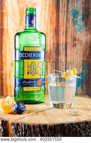 Kyiv, Ukraine - Jan 1, 2021: The Original Becherovka. Cocktail With Becherovka. A Bottle Of Lecker B