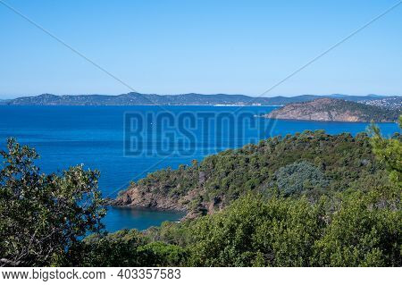 Summer Vacation On French Riviera, View On Azure Blue Mediterranean Sea Near Le Lavandou, Var, Prove