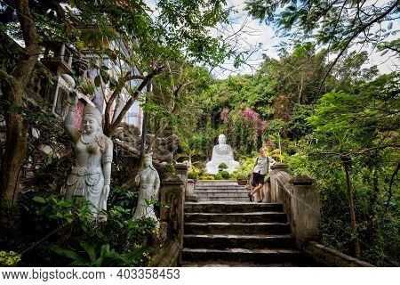 Young Caucasian Tourist In Beautiful Sacred Water Mountain In Marble Mountains, Danang, Vietnam.