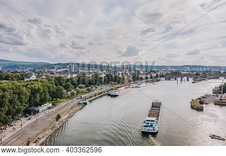 Koblenz, Germany - Aug 1, 2020:aerial Drone Shot Of Deutsch Eck Quai With Florinskirche Church View