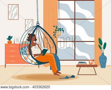 Relaxed Female Character Is Sitting In Comfy Hanging Chair And Reading A Book. Woman Is Reading A Bo