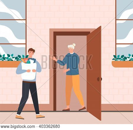Male Delivery Boy Brought Bags Of Products To Elderly Lady In Apartment. Young Social Worker Deliver