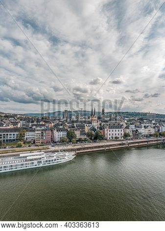 Koblenz, Germany - Aug 1, 2020: Aerial Drone Shot Of Quai On Deutsch Eck By Rhine Mosel River In Kob