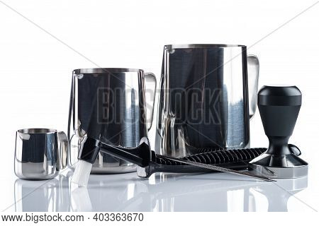 Set Of Stainless Steel Milk Pitchers Jugs. Foaming Jug. Latte Art For Barista. Coffee Accessories. B
