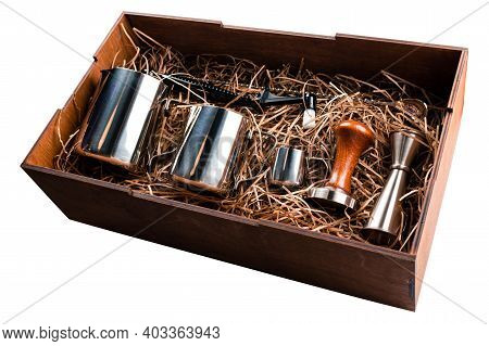 Set Pub Accessories With Cocktail Shaker Set Of Bar Accessories. Shaker, Jigger, Glass, Spoon And Ot