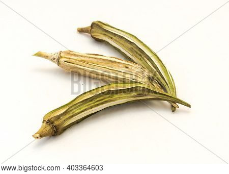 Three Matured And Dried Okra Pod For Saving Seeds Studio Shot Isolated On White Background