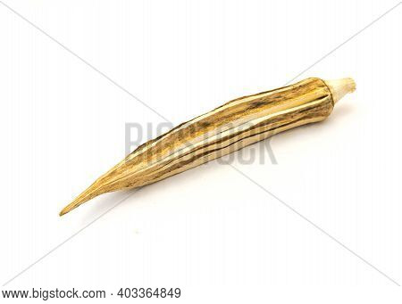 Matured And Dried Okra Pod For Saving Seeds Studio Shot Isolated On White Background