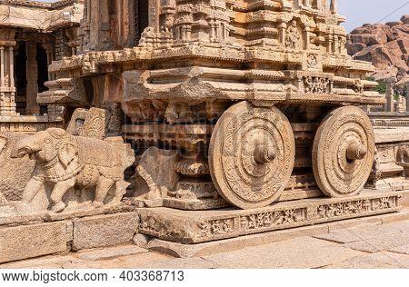 Hampi, Karnataka, India - November 5, 2013: Vijaya Vitthala Temple. Closeup Of Lower Part Of Beige S