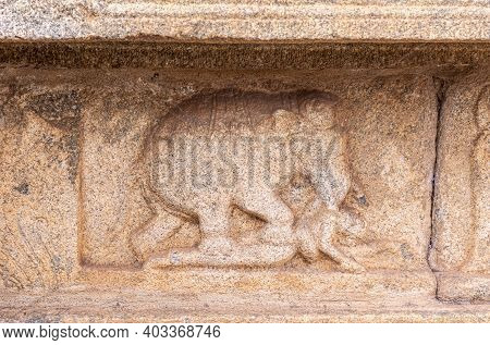Hampi, Karnataka, India - November 5, 2013: Vijaya Vitthala Temple. Beige Stone Fresco Of Execution 