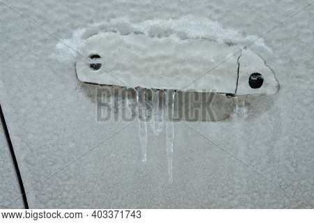 Frozen Car Door Closeup, Icicles, Ice Crystals, Jammed Lock.