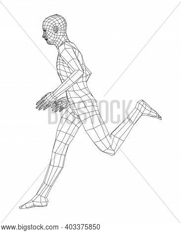 Wireframe Running Man. Vector 3d Rendering. Man In Running Pose