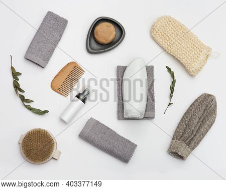 Flat Lay Pattern With Bath Accessories, Cotton Towel, White Bottle Mosk Up For Gel Or Shampoo, Soap,